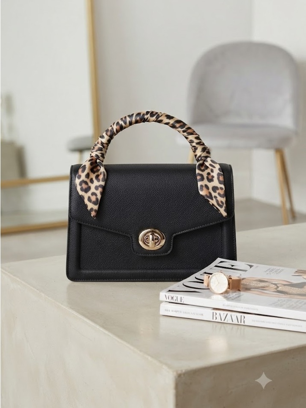 Madden Girl Black Mini Shoulder Bag with Leopard Scarf and Gold Turn-Lock